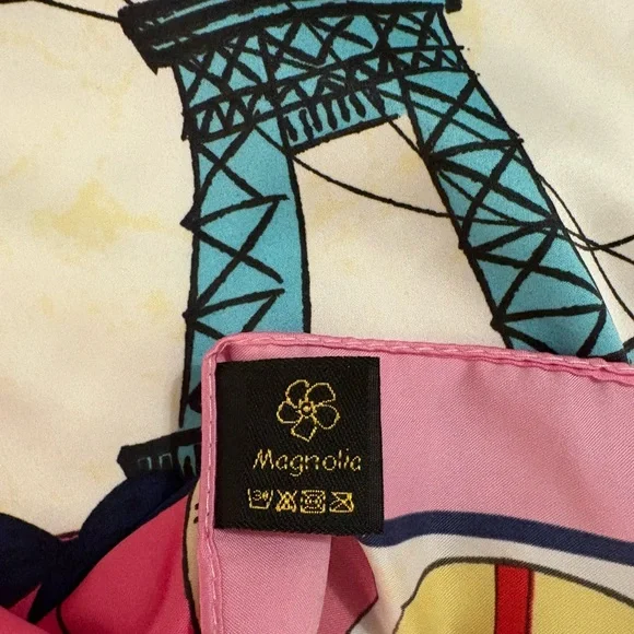 Magnolia Paris Print Scarf Eiffel Tower Pink Silk Feel Square Novelty Women - Picture 7 of 7